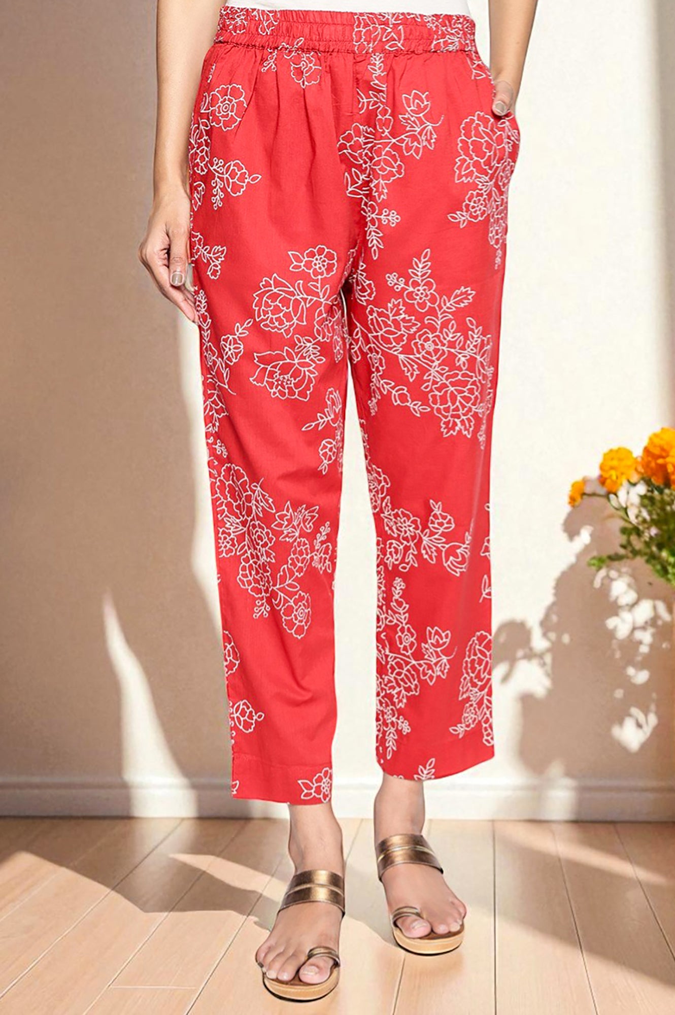 Carmine Red Printed Pure Cotton Straight Kurta, Straight Pant and Dupatta Set