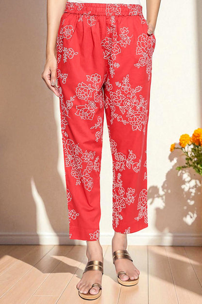 Carmine Red Printed Pure Cotton Straight Kurta, Straight Pant and Dupatta Set