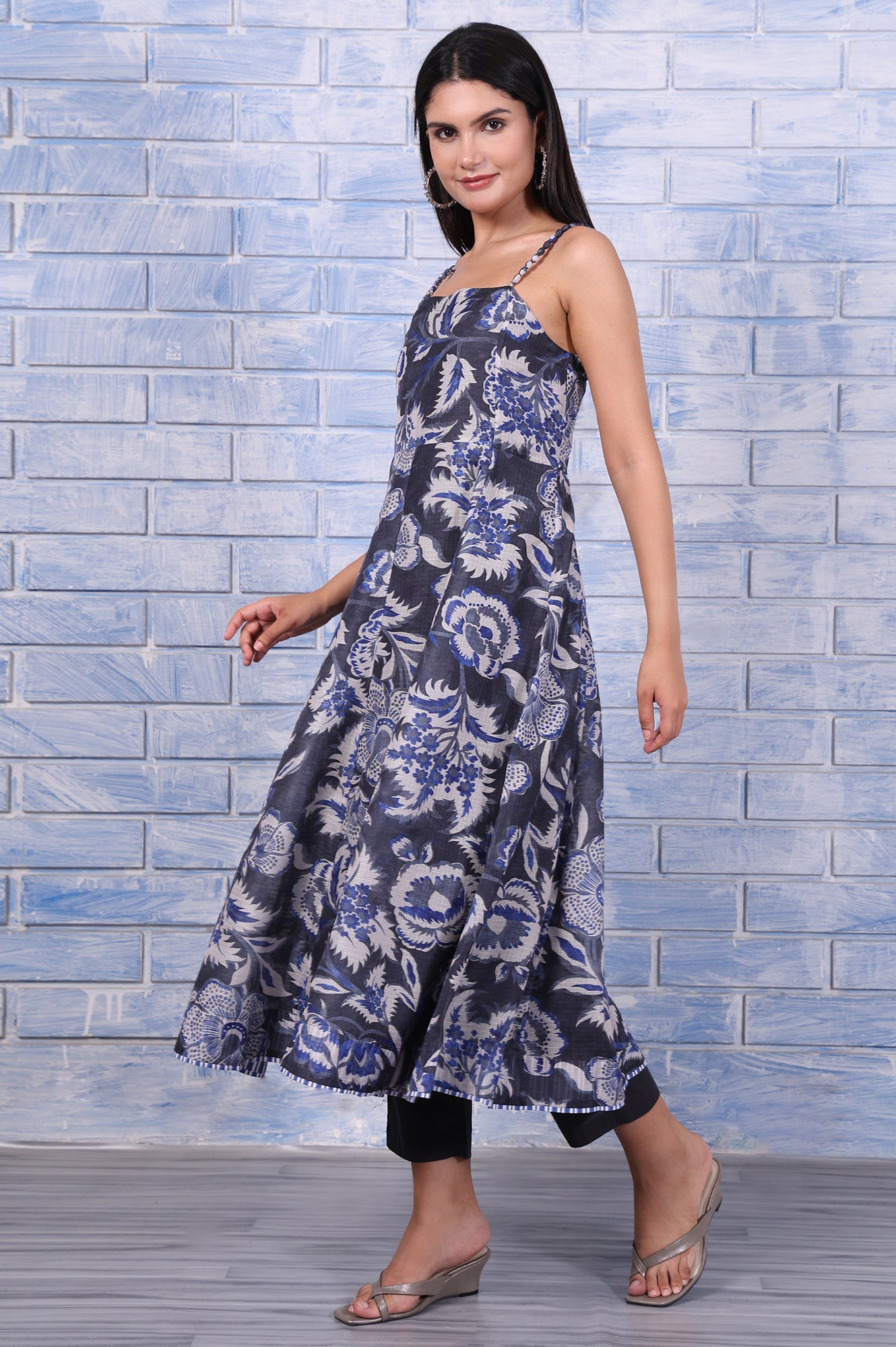 Grey Floral Printed Kota Flared Kurta, Straight Pant And Dupatta Set