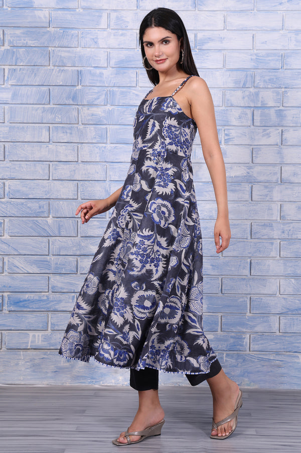 Grey Floral Printed Kota Flared Kurta, Straight Pant And Dupatta Set