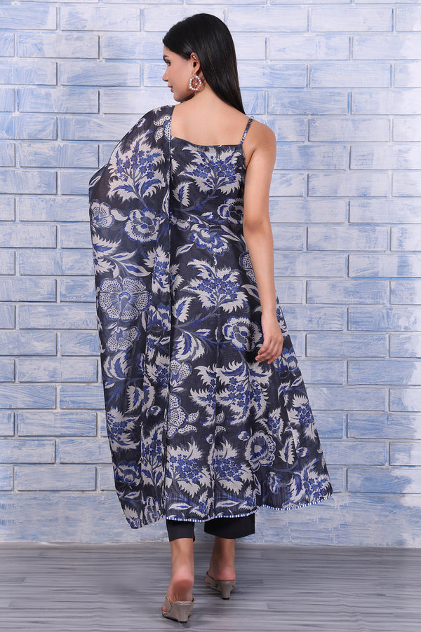 Grey Floral Printed Kota Flared Kurta, Straight Pant And Dupatta Set