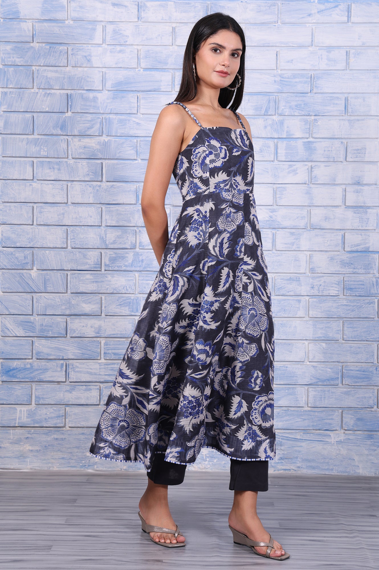 Grey Floral Printed Kota Flared Kurta, Straight Pant And Dupatta Set