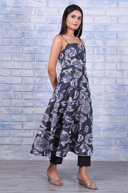Grey Floral Printed Kota Flared Kurta, Straight Pant And Dupatta Set