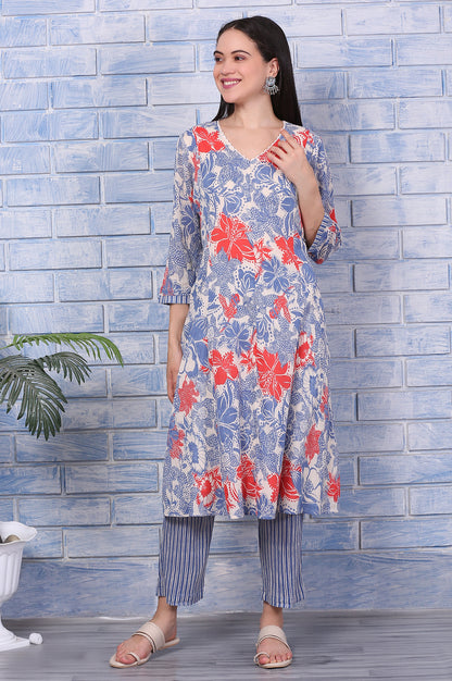 Off-White Bold Floral Printed Pure Cotton Straight Kurta and Pants Co-ord Set