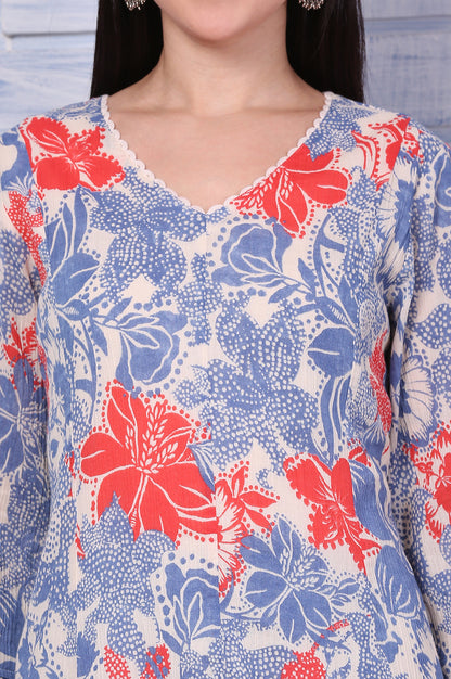 Off-White Bold Floral Printed Pure Cotton Straight Kurta and Pants Co-ord Set