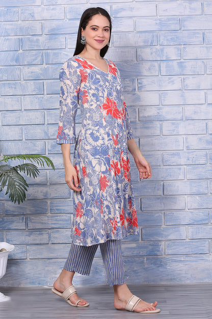 Off-White Bold Floral Printed Pure Cotton Straight Kurta and Pants Co-ord Set
