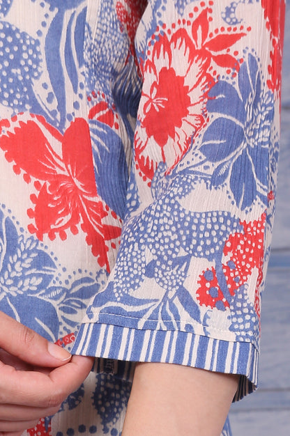 Off-White Bold Floral Printed Pure Cotton Straight Kurta and Pants Co-ord Set