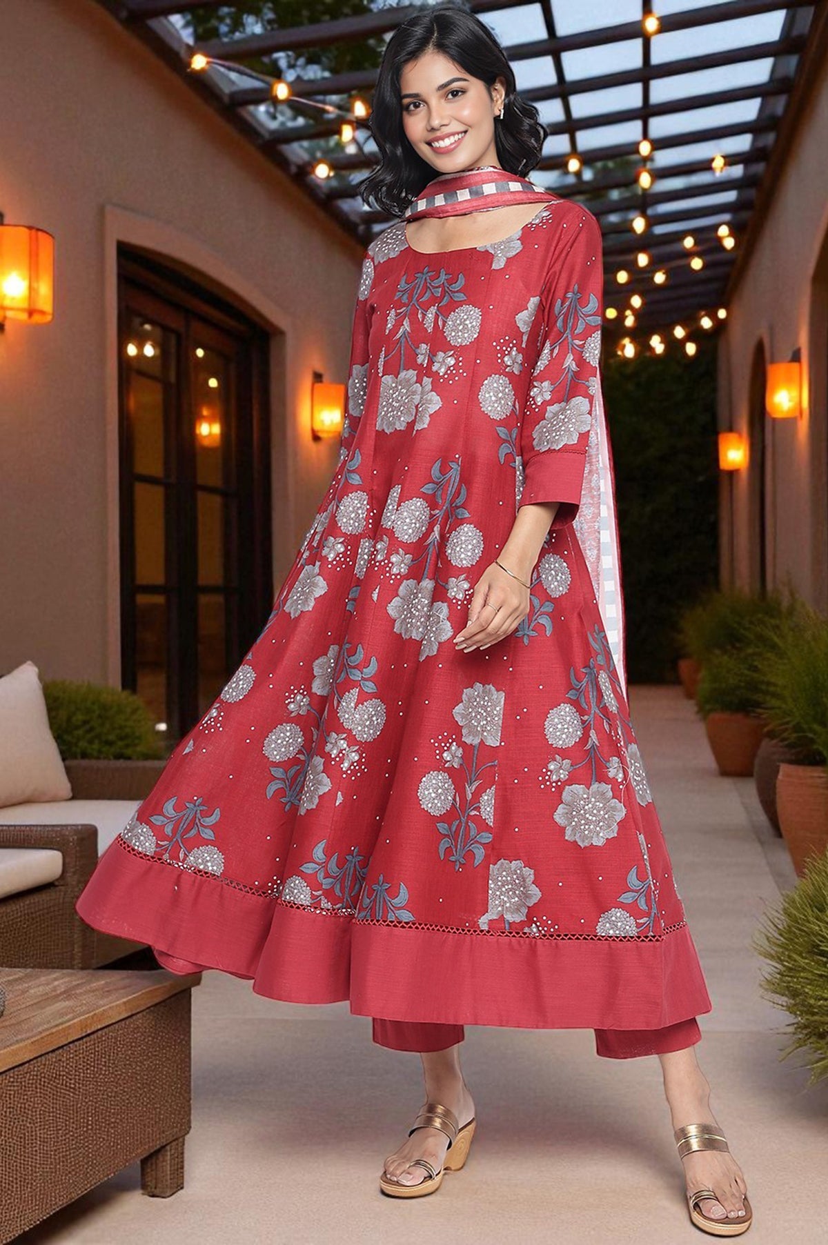 Garnet Red Printed Pure Cotton Flared Kurta, Straight Pant and Dupatta Set - XS