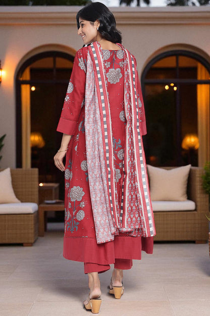 Garnet Red Printed Pure Cotton Flared Kurta, Straight Pant and Dupatta Set