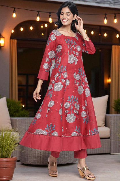 Garnet Red Printed Pure Cotton Flared Kurta, Straight Pant and Dupatta Set