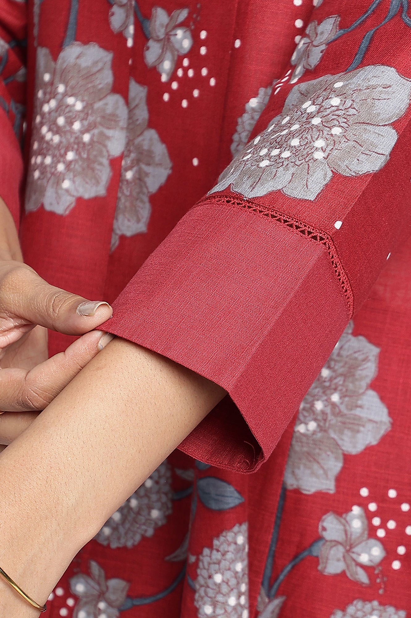 Garnet Red Printed Pure Cotton Flared Kurta, Straight Pant and Dupatta Set