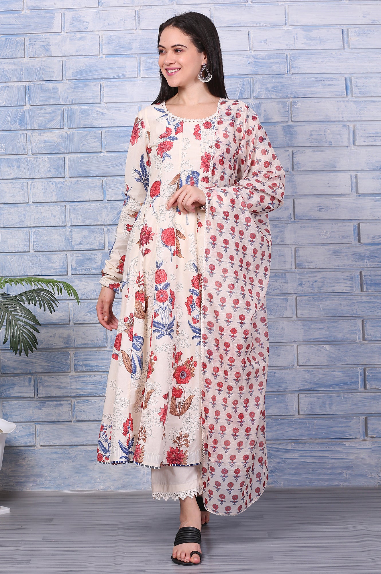 Off-White Floral Printed Pure Cotton Anarkali Kurta, Pants and Dupatta Set