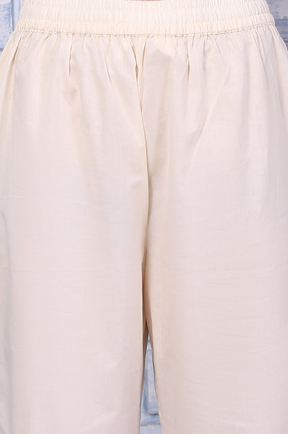 Off-White Floral Printed Pure Cotton Anarkali Kurta, Pants and Dupatta Set