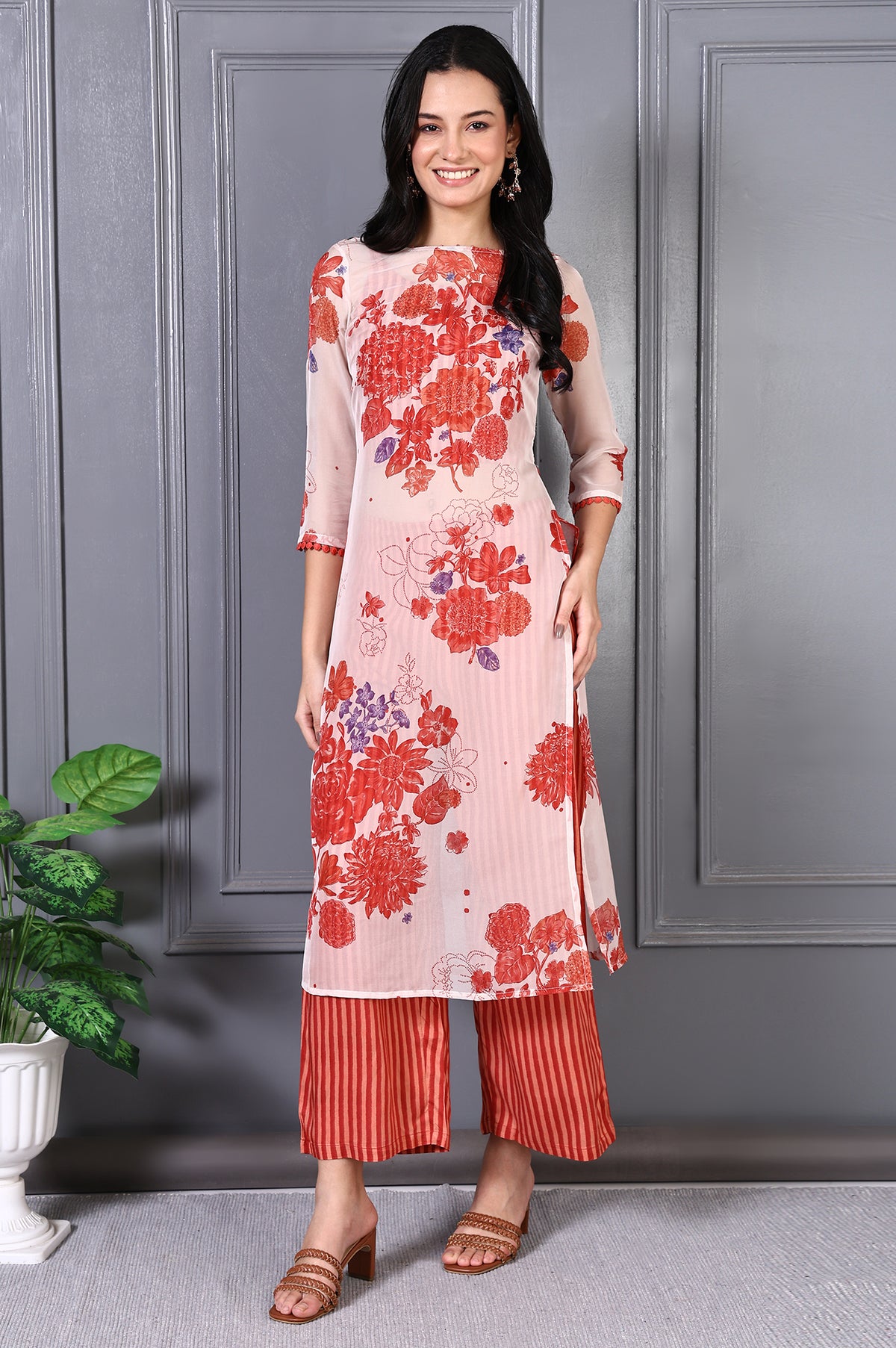 Orange Floral Printed Lace Organza A-line Sheer Kurta, Crop Top and Pants Set - XS