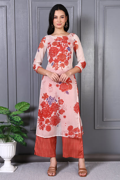 Orange Floral Printed Lace Organza A-line Sheer Kurta, Crop Top and Pants Set