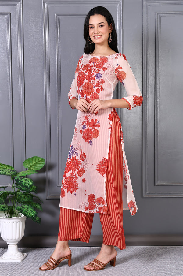 Orange Floral Printed Lace Organza A-line Sheer Kurta, Crop Top and Pants Set