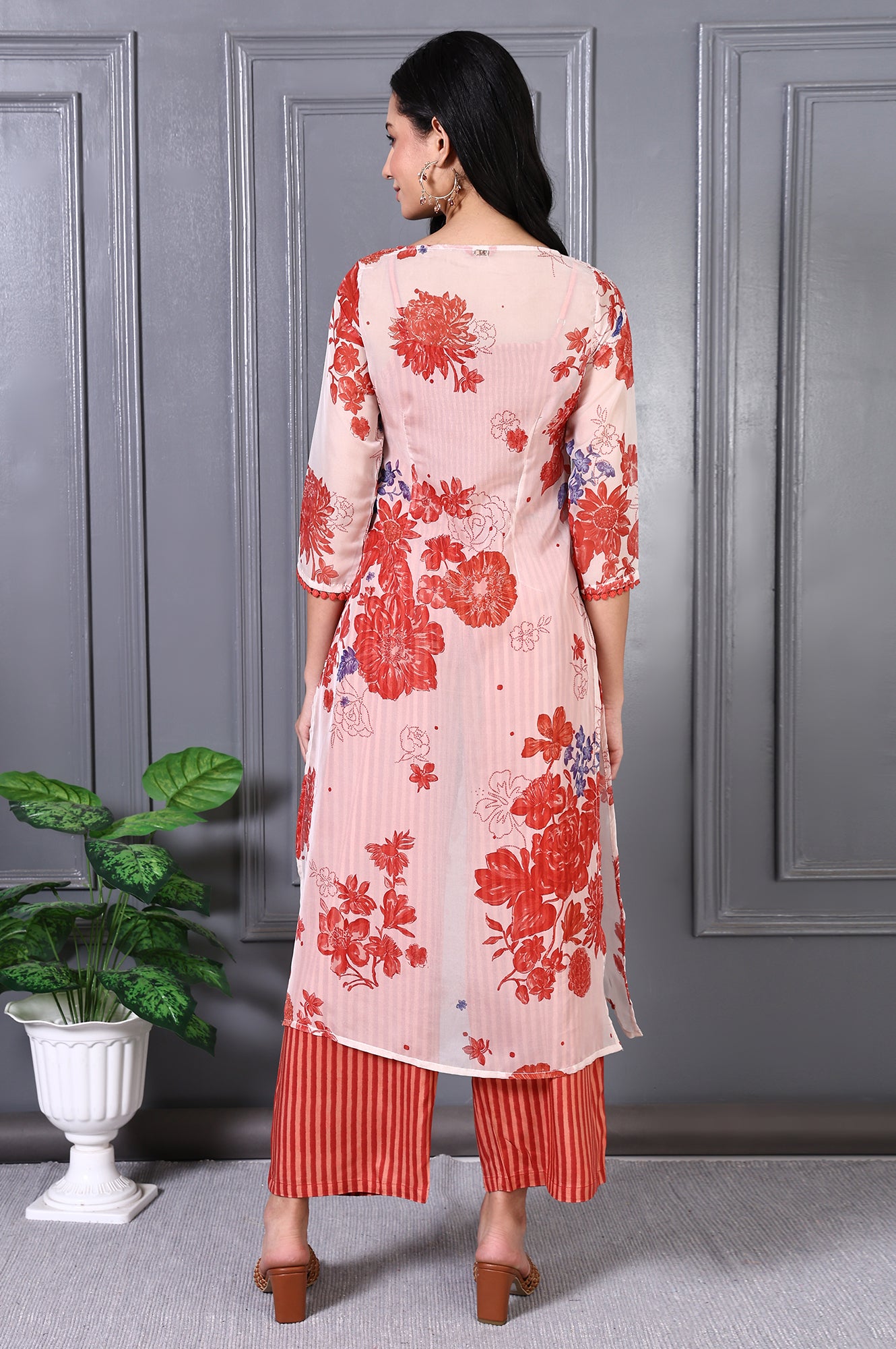 Orange Floral Printed Lace Organza A-line Sheer Kurta, Crop Top and Pants Set