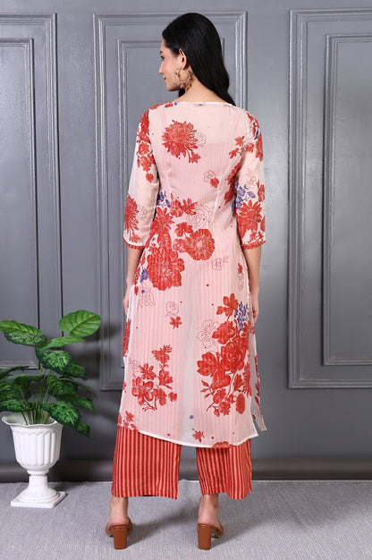 Orange Floral Printed Lace Organza A-line Sheer Kurta, Crop Top and Pants Set