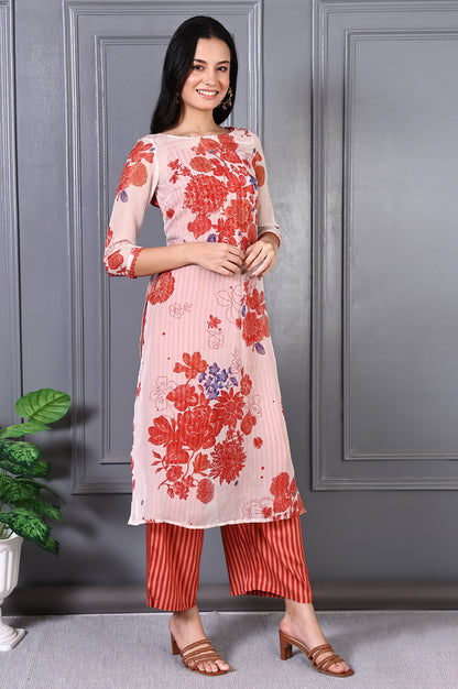 Orange Floral Printed Lace Organza A-line Sheer Kurta, Crop Top and Pants Set