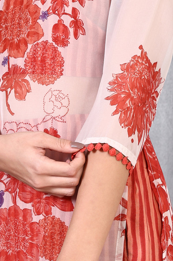 Orange Floral Printed Lace Organza A-line Sheer Kurta, Crop Top and Pants Set