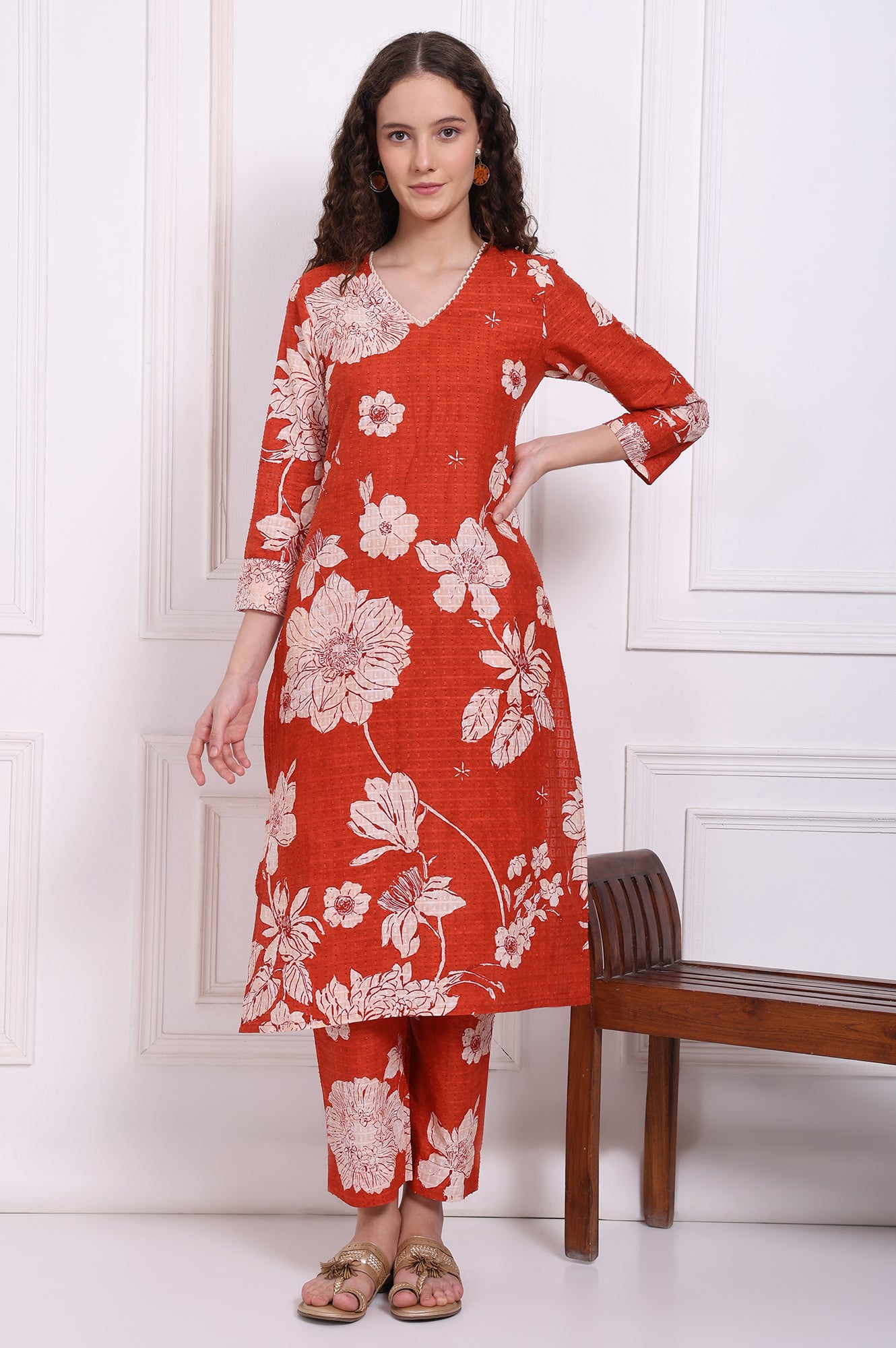 Red Floral Printed Swiss Dot Cotton Straight Kurta and Pants Co-ord Set
