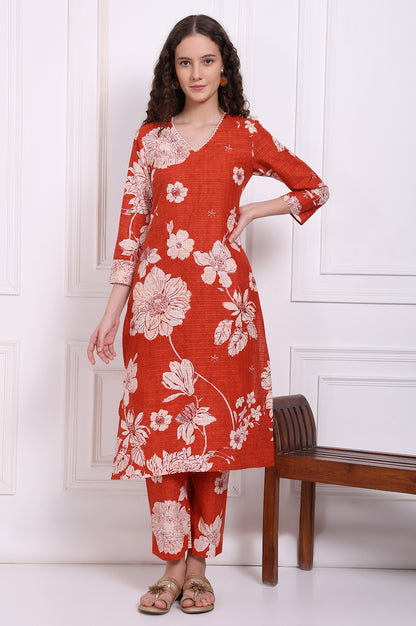 Red Floral Printed Swiss Dot Cotton Straight Kurta and Pants Co-ord Set