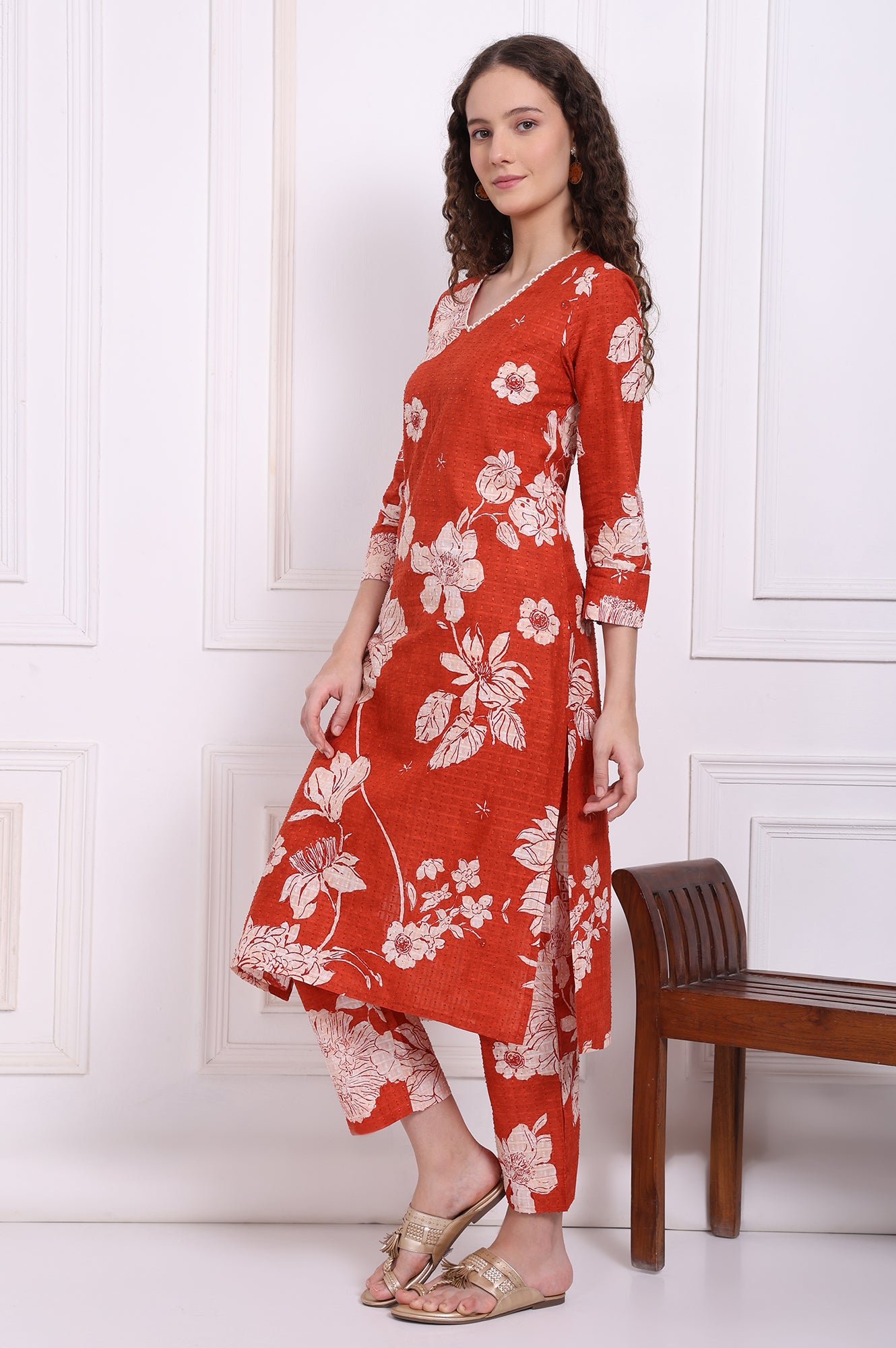 Red Floral Printed Swiss Dot Cotton Straight Kurta and Pants Co-ord Set