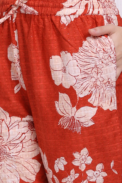 Red Floral Printed Swiss Dot Cotton Straight Kurta and Pants Co-ord Set