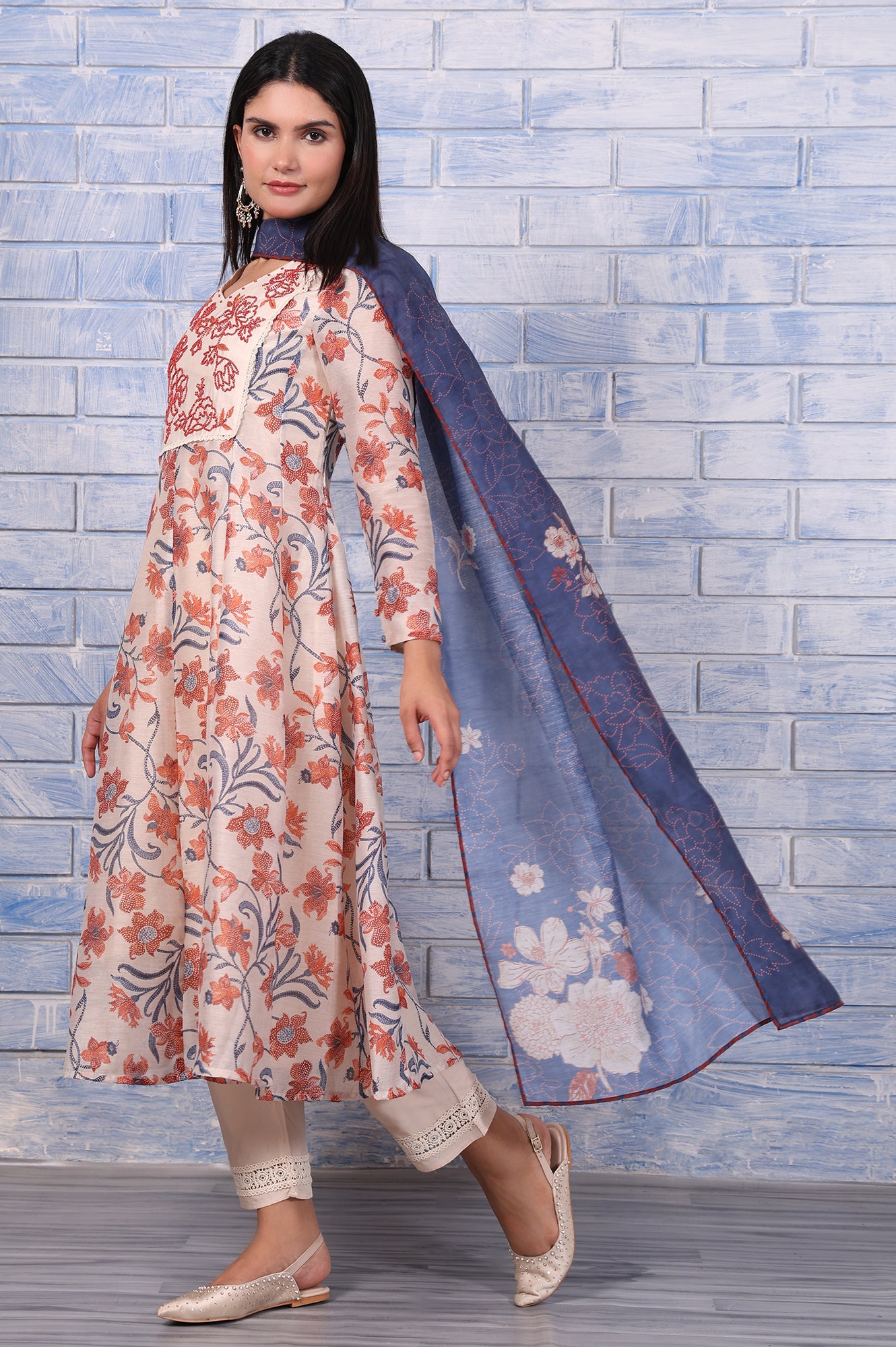 Brown Floral Printed Beads Chanderi Flared Kurta, Straight Pant And Dupatta Set