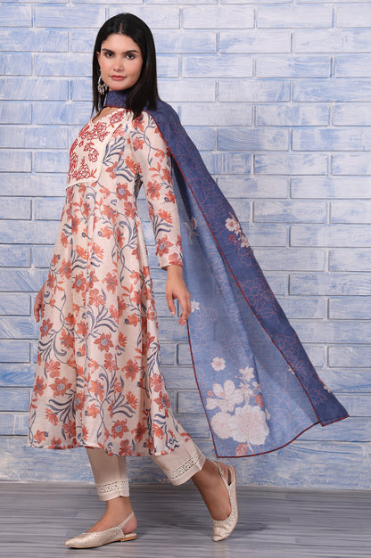 Brown Floral Printed Beads Chanderi Flared Kurta, Straight Pant And Dupatta Set