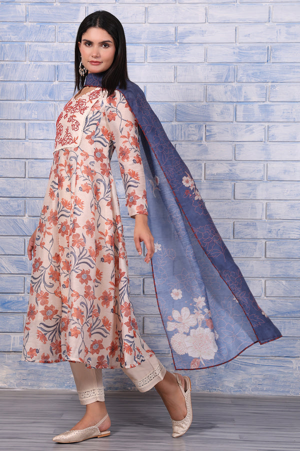 Brown Floral Printed Beads Chanderi Flared Kurta, Straight Pant And Dupatta Set