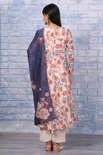 Brown Floral Printed Beads Chanderi Flared Kurta, Straight Pant And Dupatta Set
