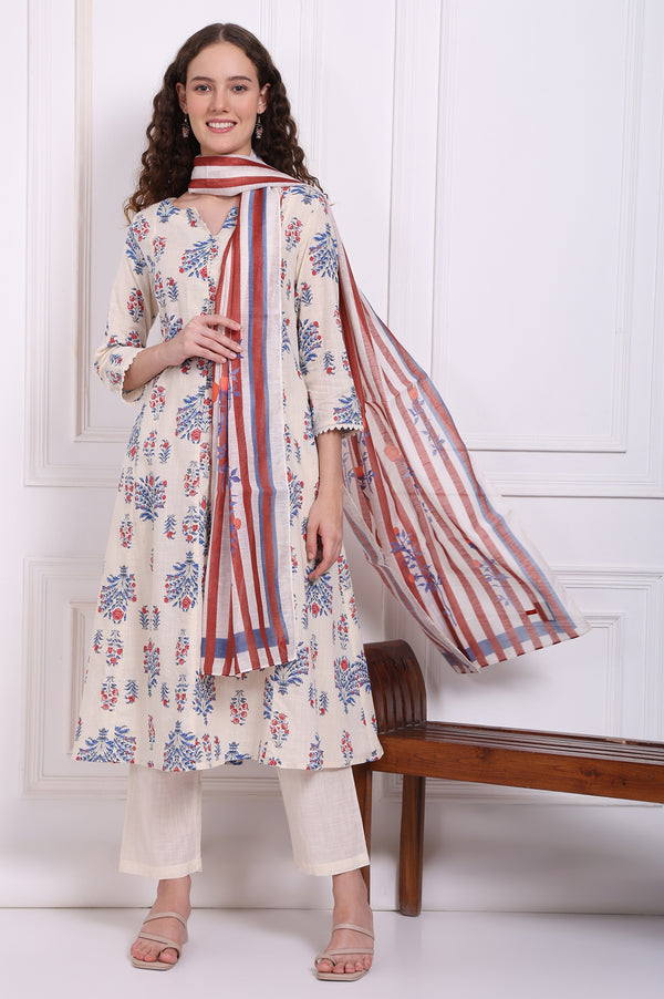 White Floral Printed Pure Cotton Flared Kurta, Pants and Dupatta Set