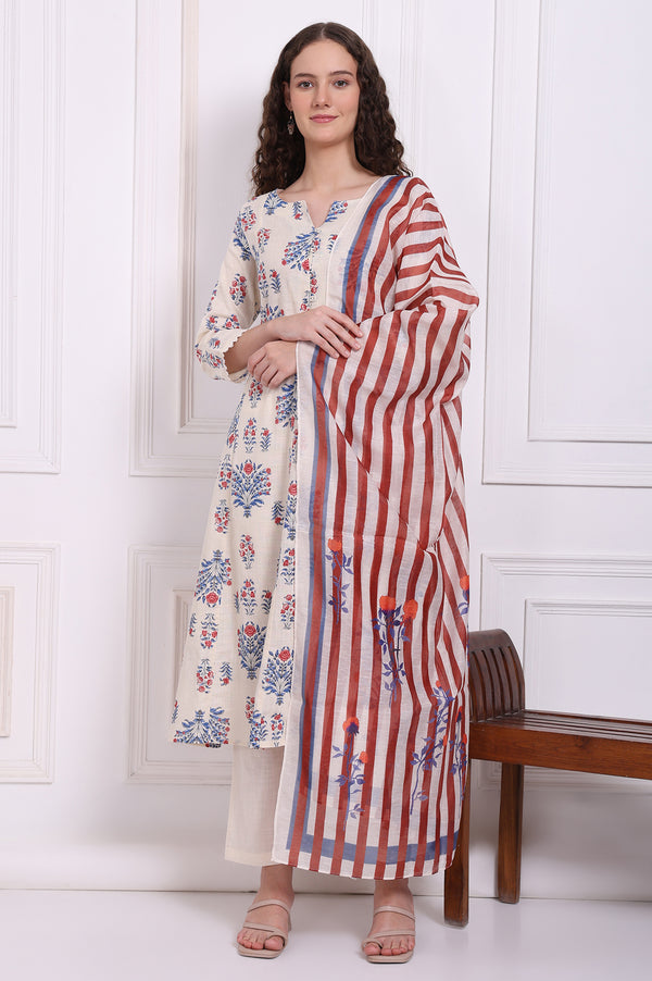 White Floral Printed Pure Cotton Flared Kurta, Pants and Dupatta Set