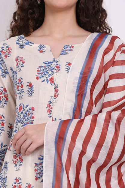 White Floral Printed Pure Cotton Flared Kurta, Pants and Dupatta Set