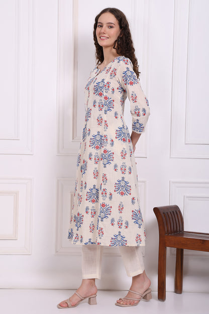 White Floral Printed Pure Cotton Flared Kurta, Pants and Dupatta Set