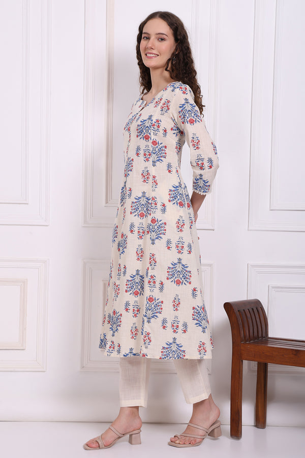 White Floral Printed Pure Cotton Flared Kurta, Pants and Dupatta Set