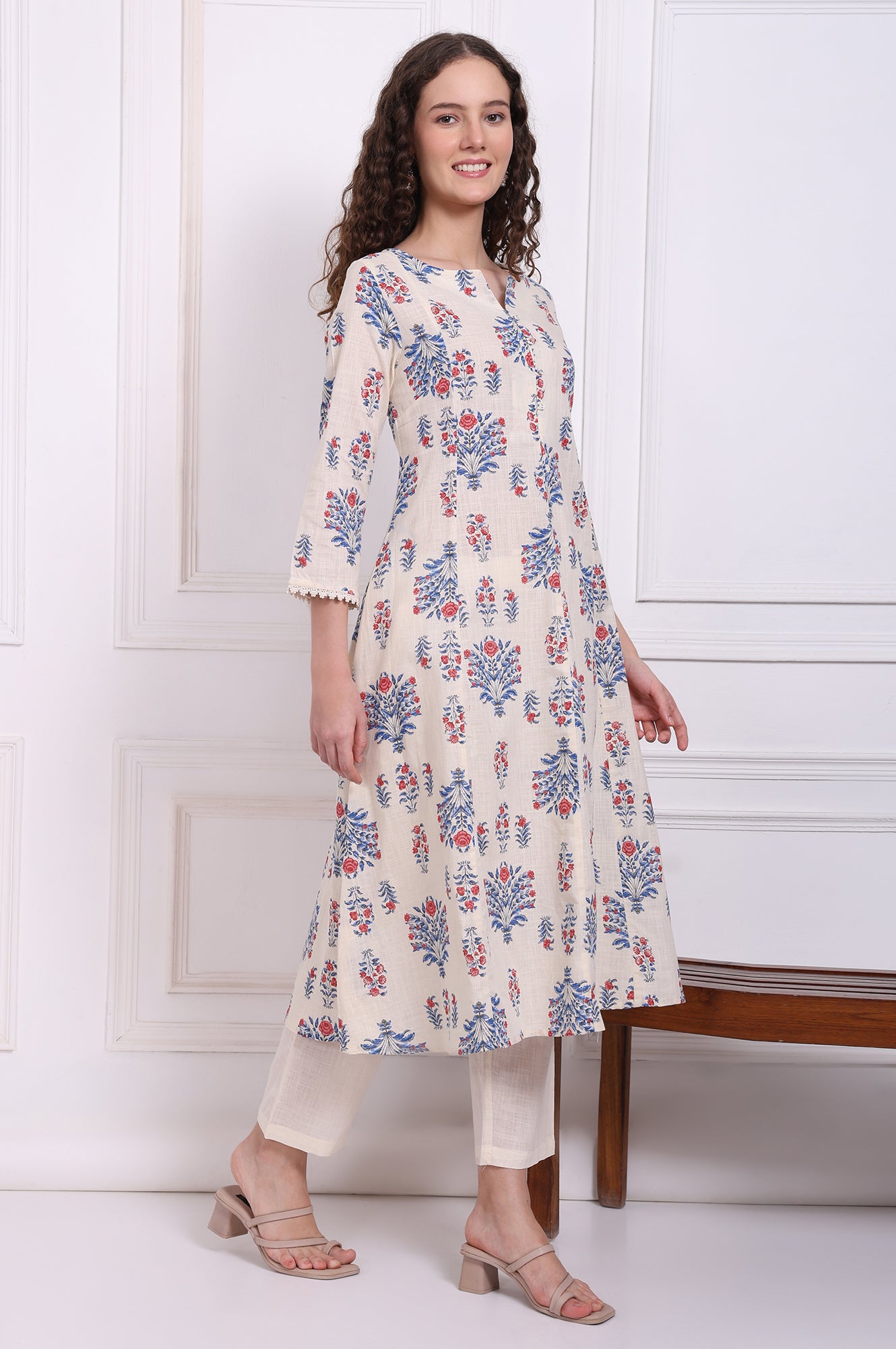 White Floral Printed Pure Cotton Flared Kurta, Pants and Dupatta Set