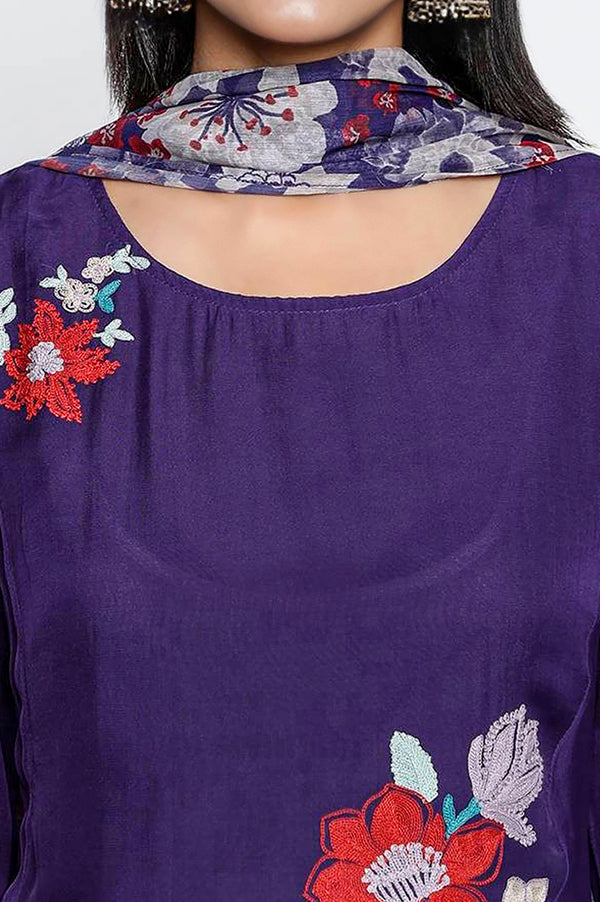 Amesthyst Purple Solid Printed Organza A-Line Kurta, Straight Pant and Dupatta Set