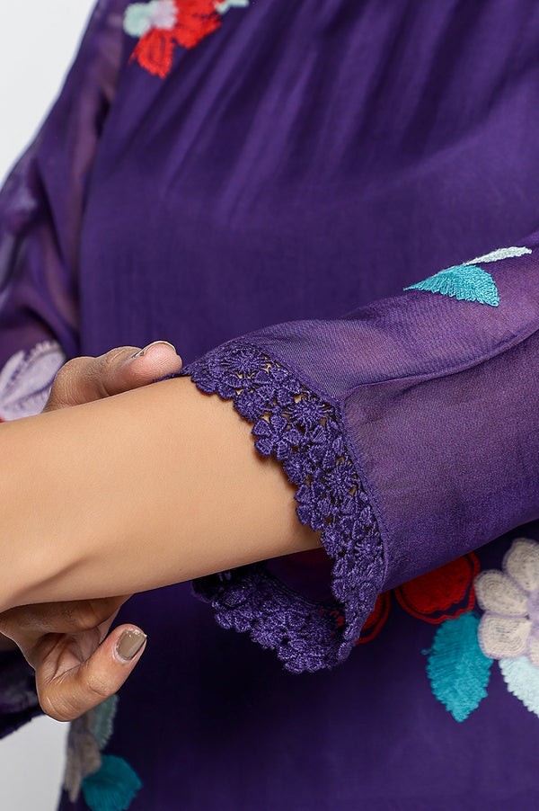 Amesthyst Purple Solid Printed Organza A-Line Kurta, Straight Pant and Dupatta Set