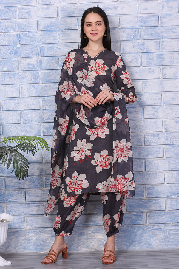 Charcoal Grey Floral Printed Straight Kurta, Pants and Dupatta Set