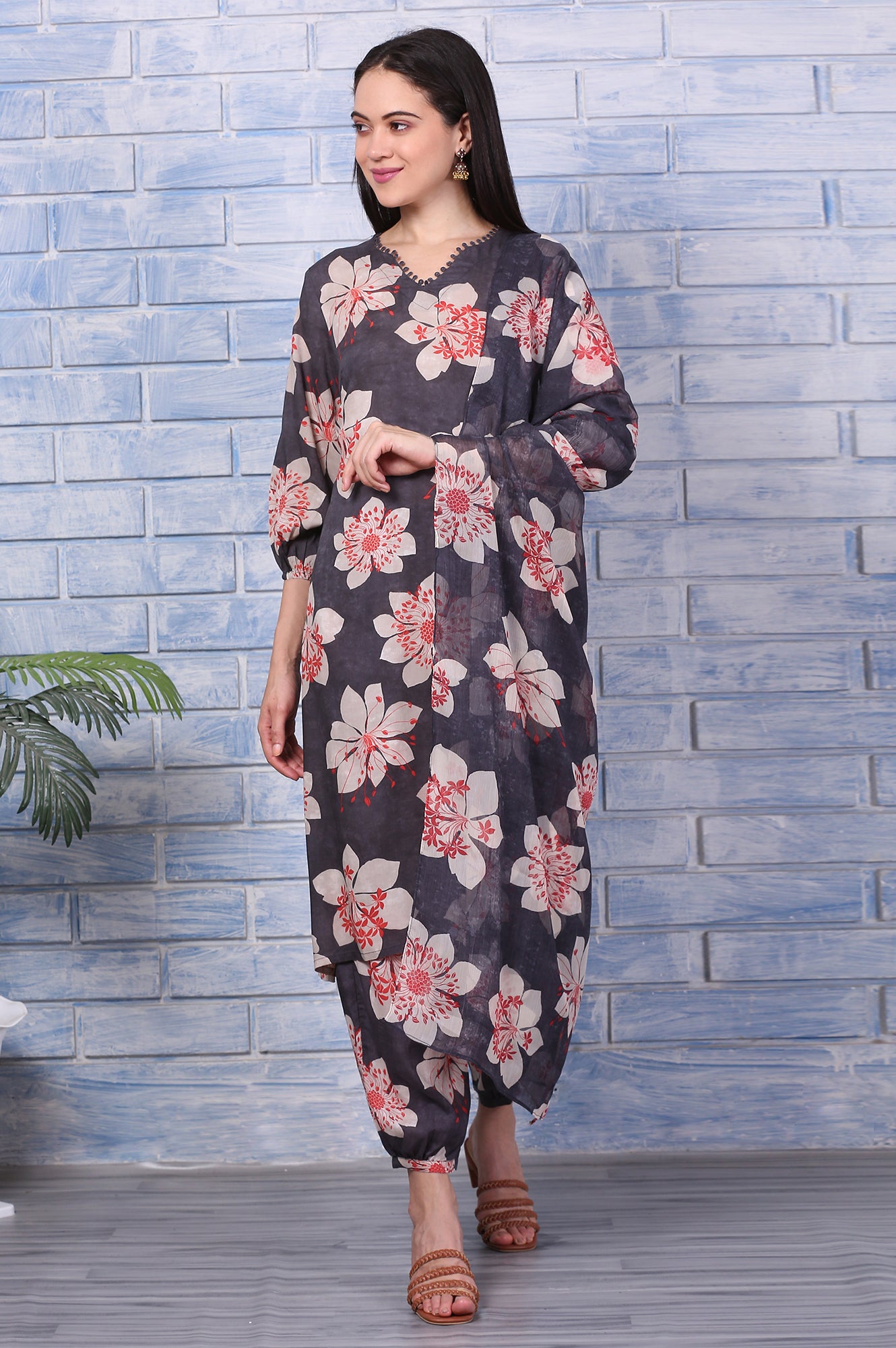Charcoal Grey Floral Printed Straight Kurta, Pants and Dupatta Set