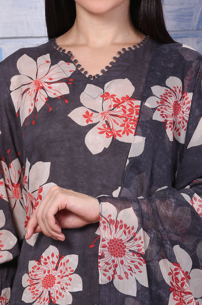Charcoal Grey Floral Printed Straight Kurta, Pants and Dupatta Set