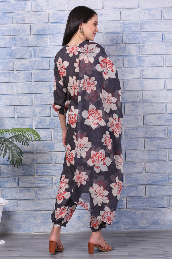Charcoal Grey Floral Printed Straight Kurta, Pants and Dupatta Set