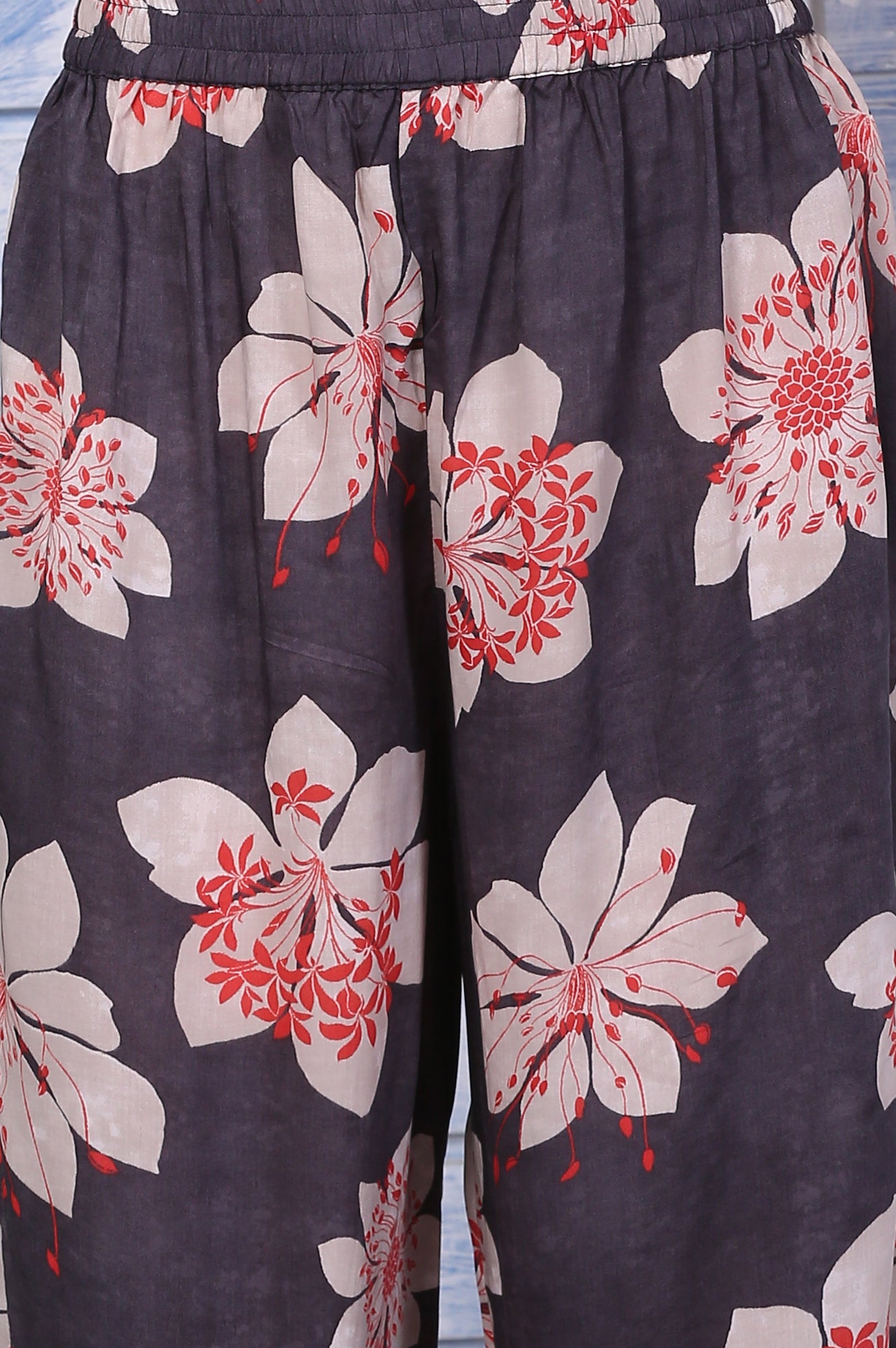 Charcoal Grey Floral Printed Straight Kurta, Pants and Dupatta Set