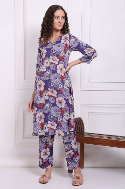 Purple Floral Printed Modal Straight Kurta and Pants Co-ord Set