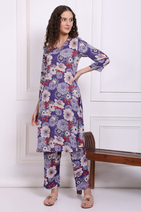 Purple Floral Printed Modal Straight Kurta and Pants Co-ord Set