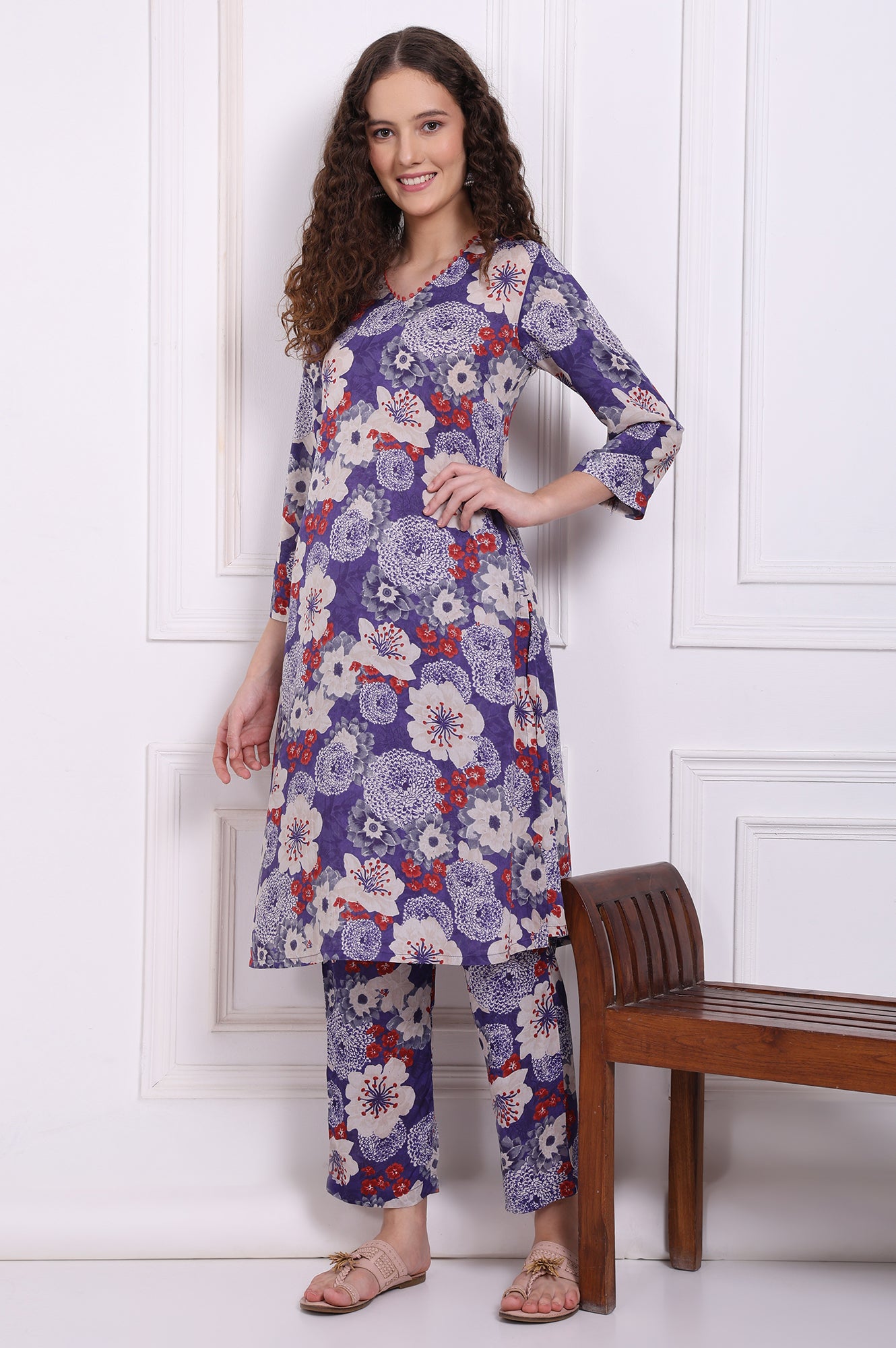 Purple Floral Printed Modal Straight Kurta and Pants Co-ord Set