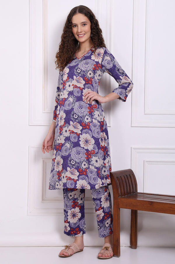 Purple Floral Printed Modal Straight Kurta and Pants Co-ord Set