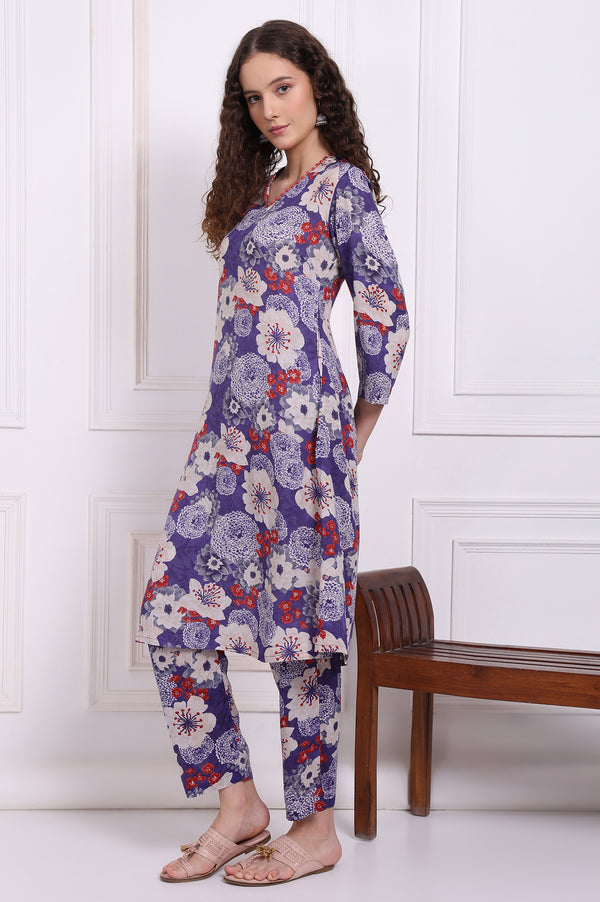 Purple Floral Printed Modal Straight Kurta and Pants Co-ord Set